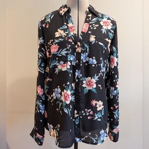 Candie’s Black Floral Button-Up Blouse Convertible Tab Sleeves - Medium​​